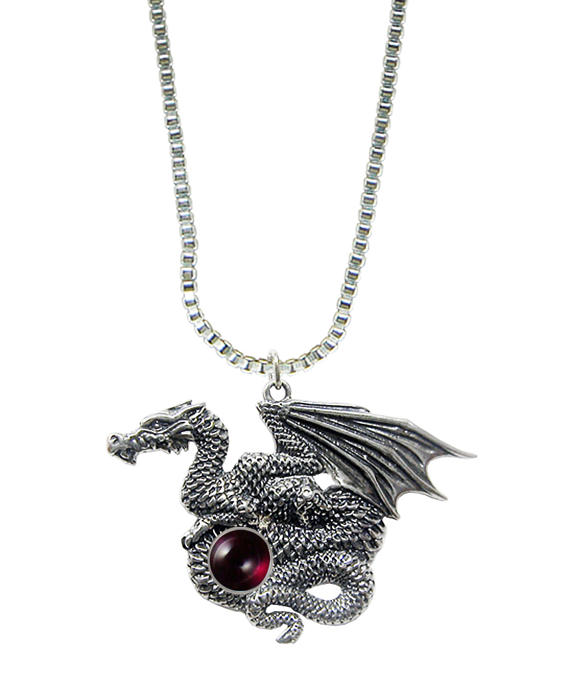 Sterling Silver Dragon of Many Treasures Pendant With Garnet